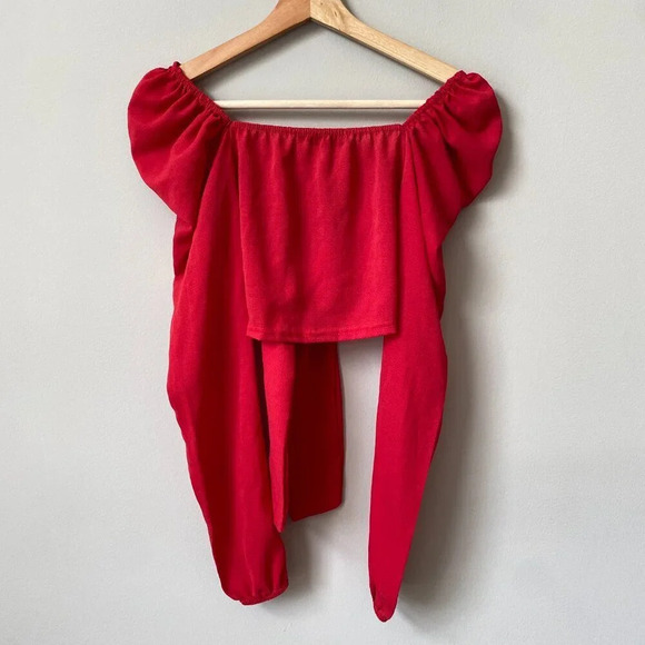 PrettyLittleThing Women's Size 2 Puff Long Sleeve Tie Bow Crop Top Blouse Red - Picture 10 of 16